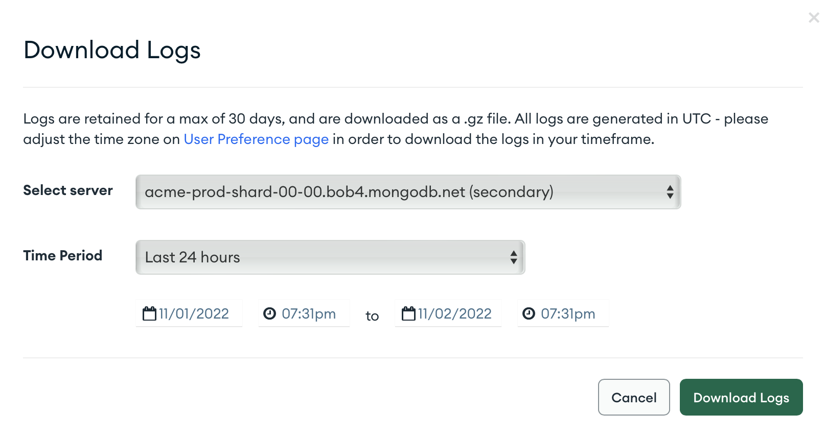 Download logs in MongoDB