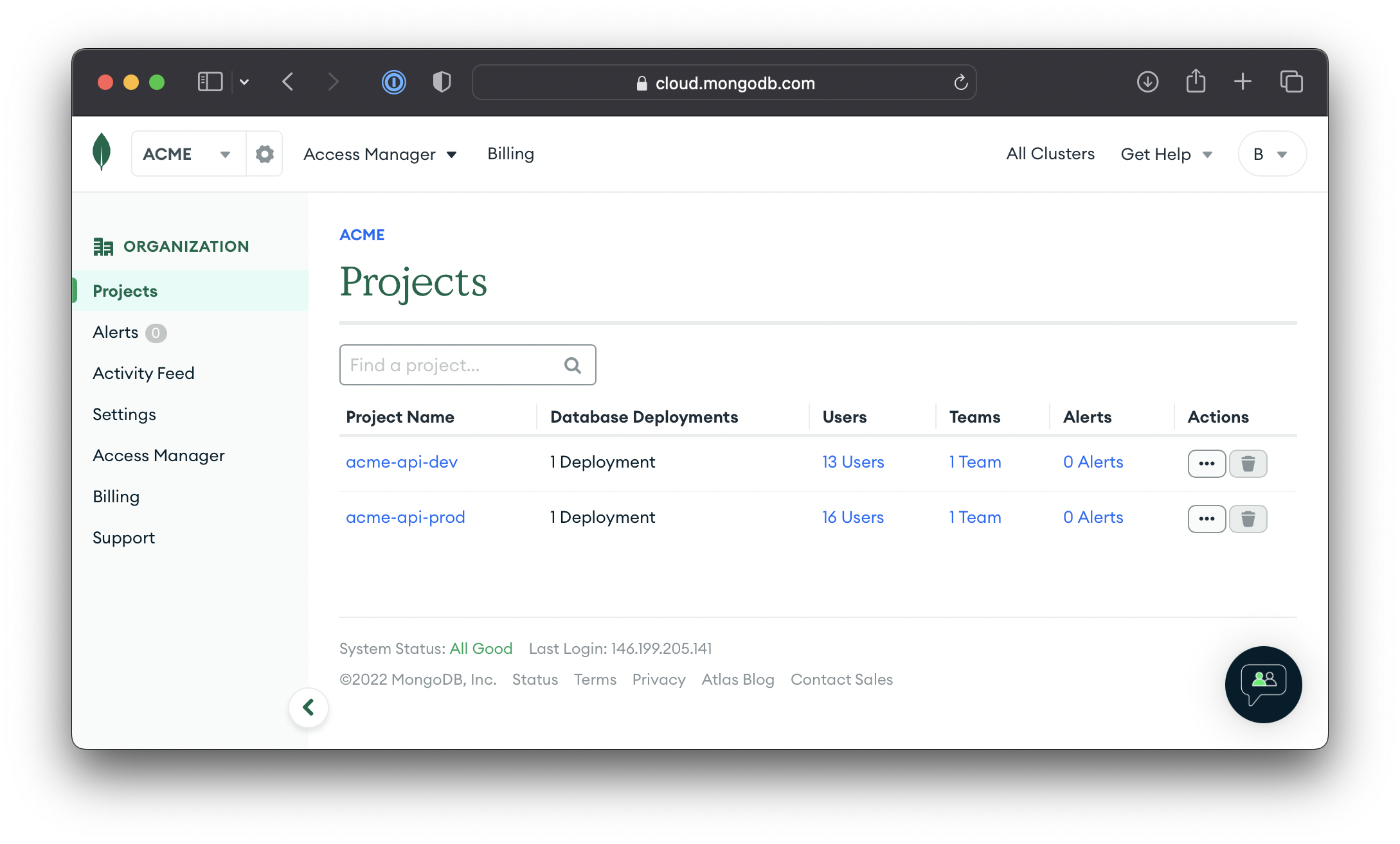 Project list in MongoDB